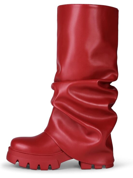 Shoes - Women's Red Faux Leather Fold Over Slouch Knee High Fashion Trendy Y2K Boots